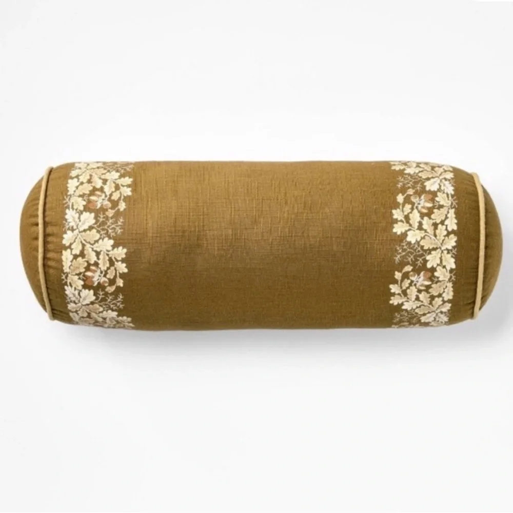 NEW Threshold Olive Oak Leaf Printed Bolster Pillow w/Piping